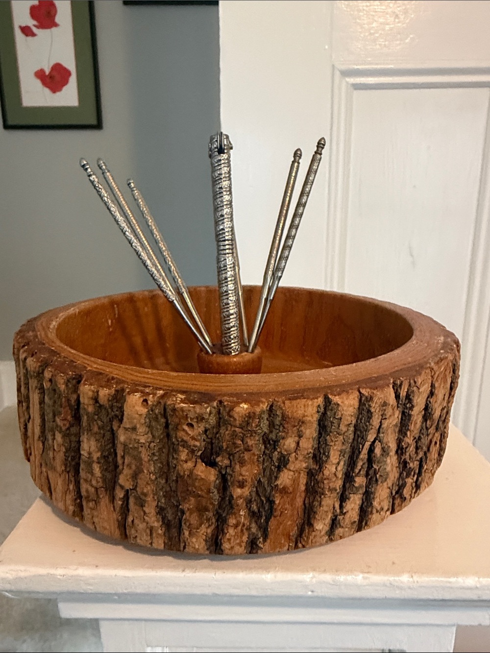 Rustic Bark Wooden Mixed nuts Bowl with Silver Cocktail Picks
